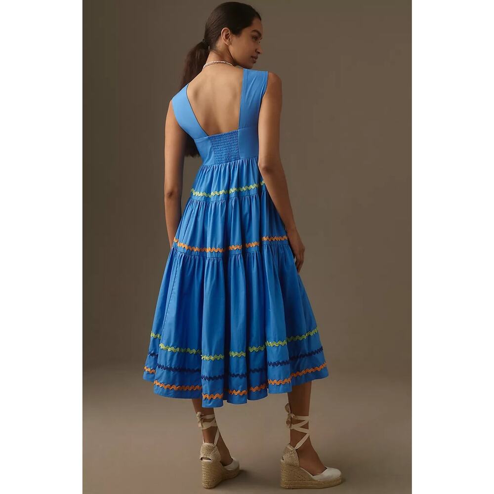 By Anthropologie The Helena Square-Neck Tiered Midi Dress Smocked Scallop - M - Picture 3 of 4